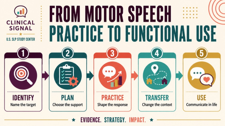 Motor speech treatment principles infographic showing context, evidence, and proportionate next steps