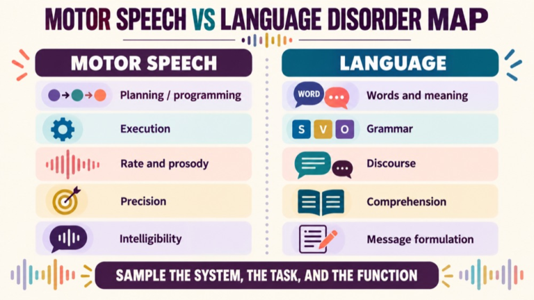 Motor speech vs language disorder concept map showing the core domains and clinical questions