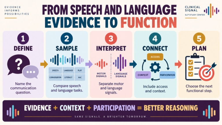 Motor speech vs language disorder infographic showing context, evidence, and proportionate next steps