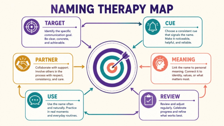 Naming therapy aphasia concept map showing the core domains and clinical questions