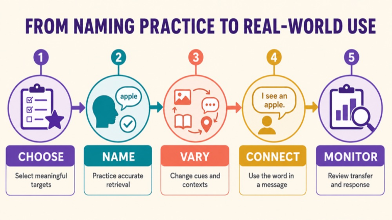 Naming therapy aphasia infographic showing context, evidence, and proportionate next steps