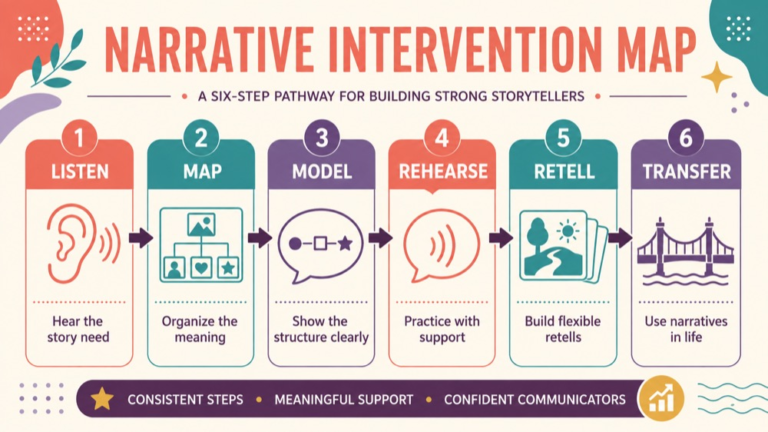 Narrative intervention concept map showing the core domains and clinical questions