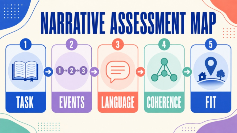 Narrative language assessment map connecting task, macrostructure, microstructure, coherence, cultural fit, and integration