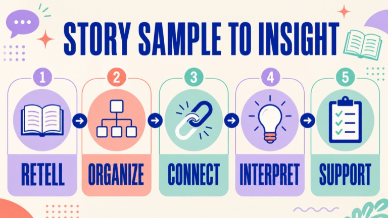 Narrative language assessment infographic showing the path from a story sample to a fair clinical interpretation