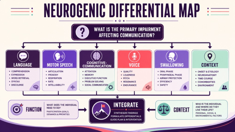 Neurogenic communication disorders differential diagnosis concept map showing the core assessment domains and clinical questions