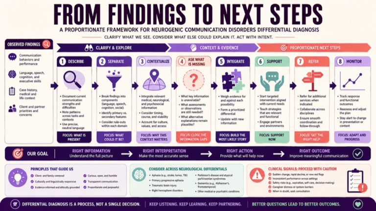 Neurogenic communication disorders differential diagnosis infographic showing context, evidence, and proportionate next steps