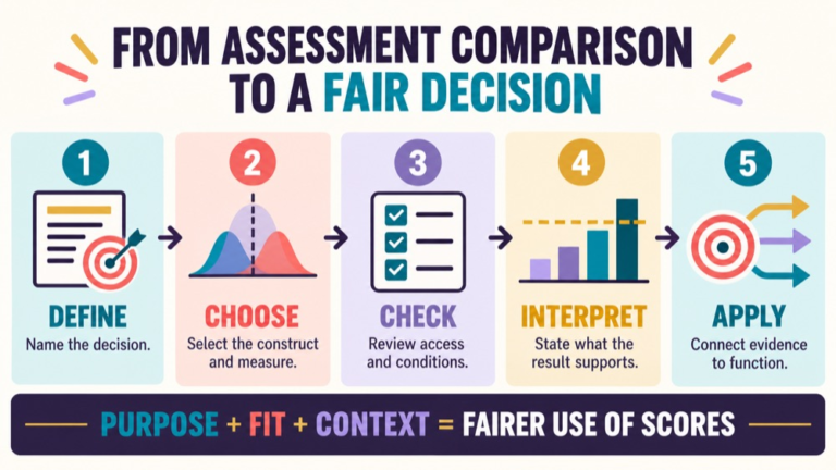 Norm referenced vs criterion referenced infographic showing context, evidence, and proportionate next steps