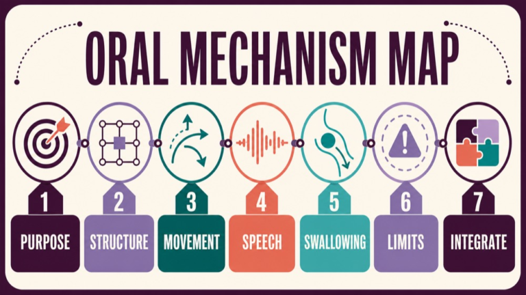 Oral mechanism examination concept map showing the core assessment domains and clinical questions