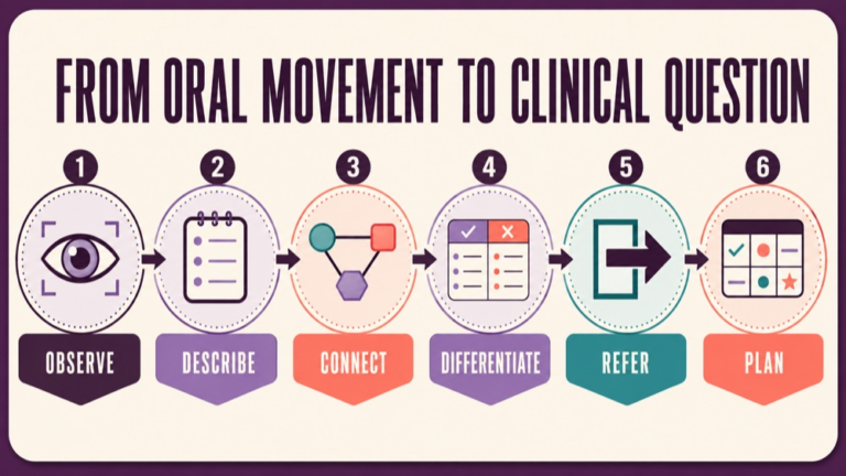 Oral mechanism examination infographic showing context, evidence, and proportionate next steps