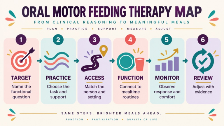 Oral motor feeding therapy concept map showing the core domains and clinical questions