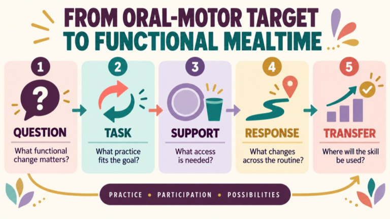 Oral motor feeding therapy infographic showing context, evidence, and proportionate next steps