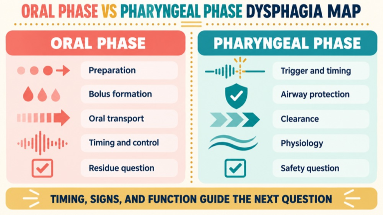 Oral phase vs pharyngeal phase dysphagia concept map showing the core domains and clinical questions