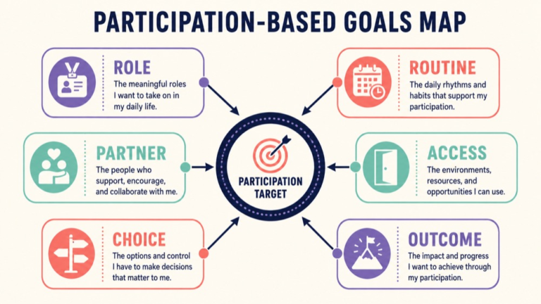 Participation based goals speech therapy concept map showing the core domains and clinical questions
