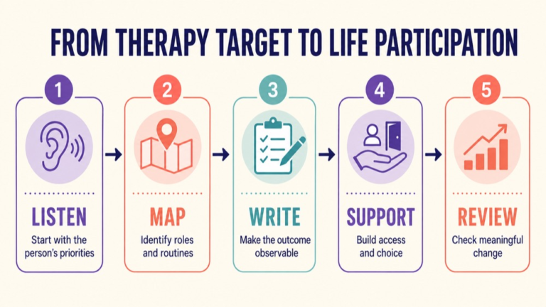 Participation based goals speech therapy infographic showing context, evidence, and proportionate next steps