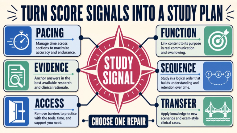 passing score for slp praxis infographic showing turn score signals into a study plan