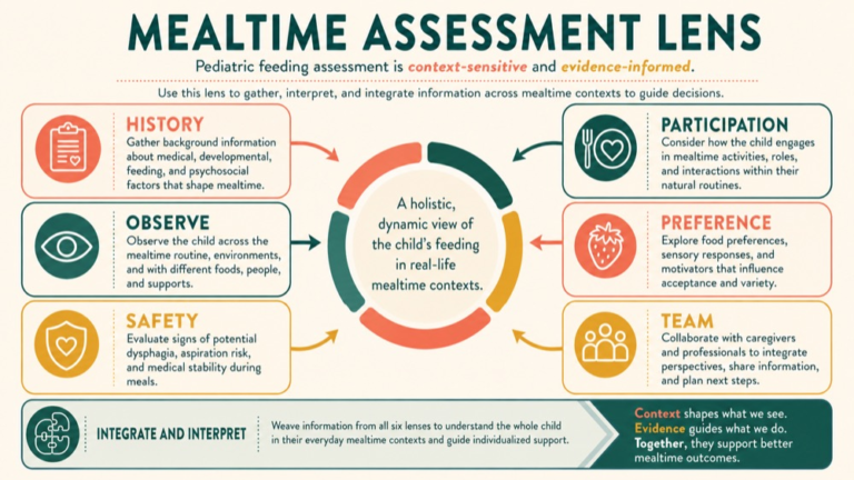 Pediatric feeding assessment concept map showing the core domains and clinical questions