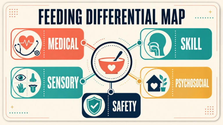 Pediatric feeding differential diagnosis map connecting medical, nutritional, feeding-skill, psychosocial, and contextual factors