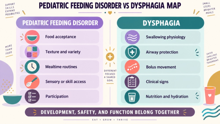Pediatric feeding disorder vs dysphagia concept map showing the core domains and clinical questions