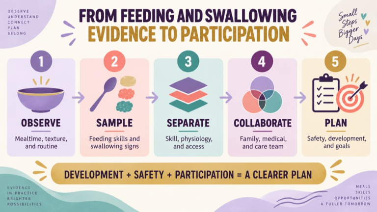 Pediatric feeding disorder vs dysphagia infographic showing context, evidence, and proportionate next steps