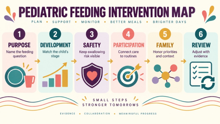 Pediatric feeding intervention concept map showing the core domains and clinical questions