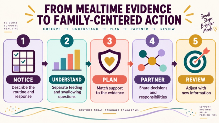 Pediatric feeding intervention infographic showing context, evidence, and proportionate next steps