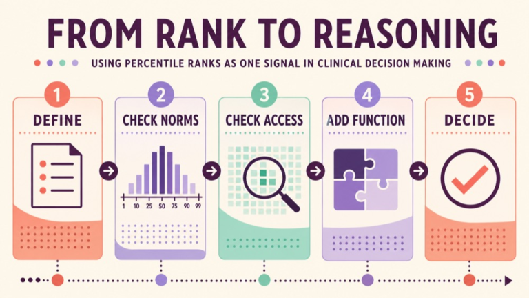 Percentile ranks speech assessment infographic showing context, evidence, and proportionate next steps