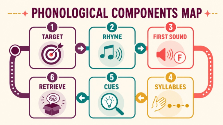 Phonological components analysis concept map showing the core domains and clinical questions