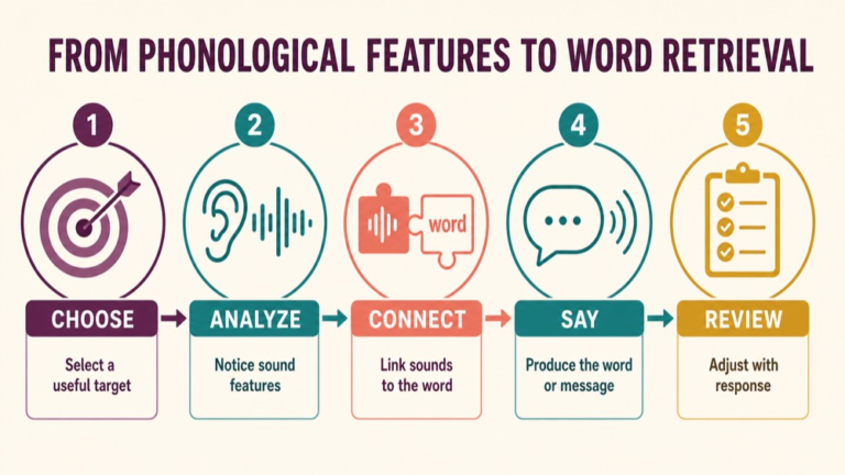 Phonological components analysis infographic showing context, evidence, and proportionate next steps