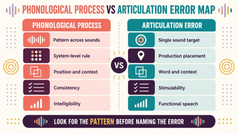 Phonological process vs articulation error concept map showing the core domains and clinical questions