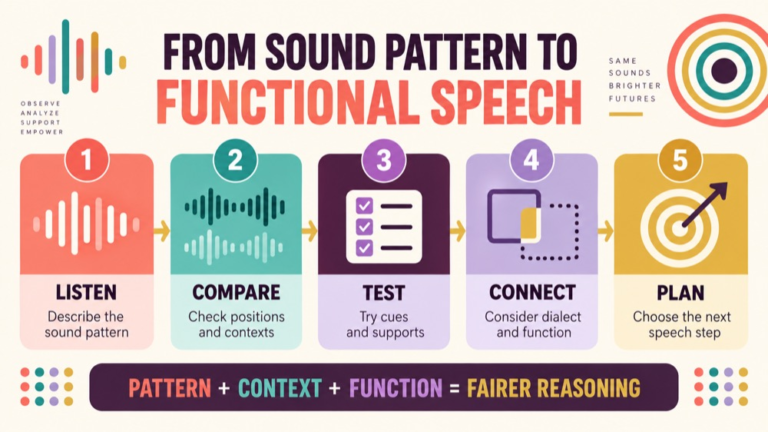 Phonological process vs articulation error infographic showing context, evidence, and proportionate next steps