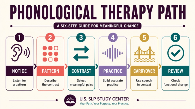 Phonological therapy concept map showing the core domains and clinical questions
