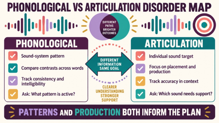Phonological vs articulation disorder concept map showing the core domains and clinical questions