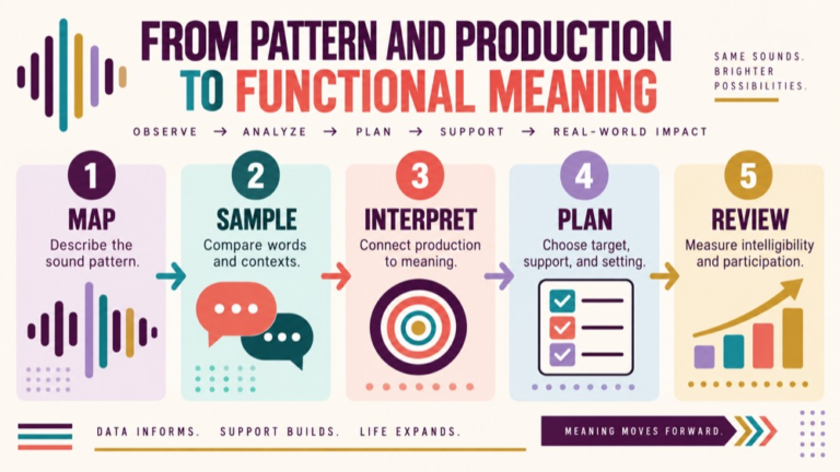 Phonological vs articulation disorder infographic showing context, evidence, and proportionate next steps