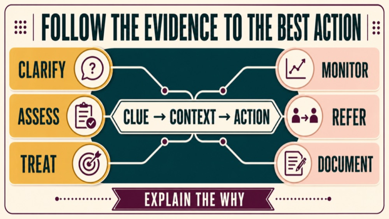 practice exam for speech language pathology infographic showing follow the evidence to the best action
