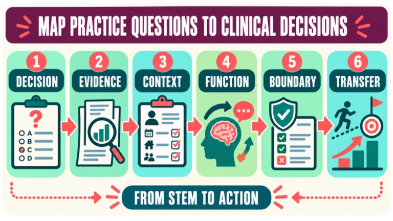 Practice questions for speech language pathology Praxis infographic mapping questions to clinical decisions