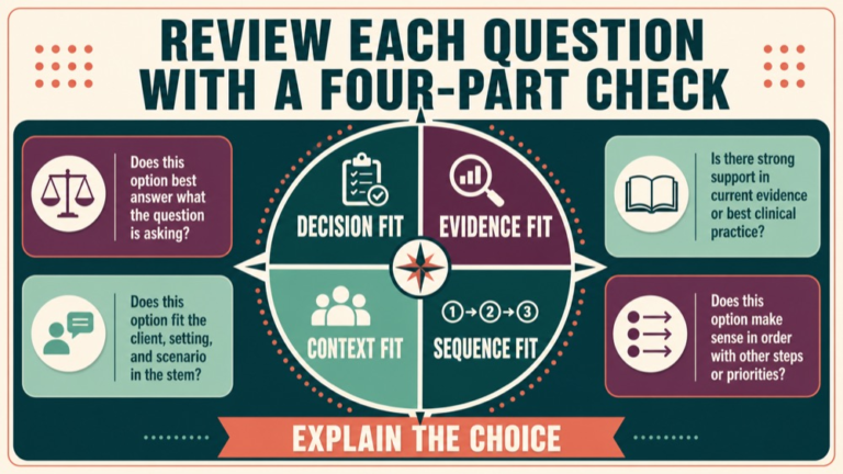 Practice questions for speech language pathology Praxis infographic showing a four-part review check