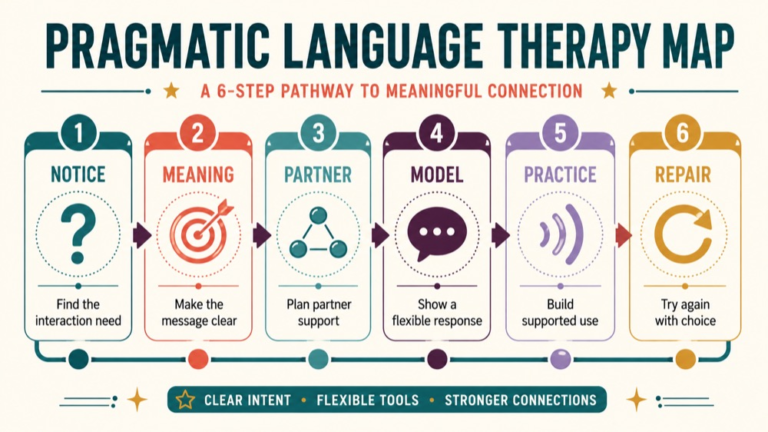 Pragmatic language therapy concept map showing the core domains and clinical questions