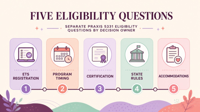 Praxis 5331 eligibility map separating ETS registration, program, state, and certification questions