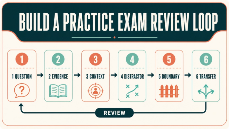 Praxis 5331 practice exam infographic showing question evidence context distractor boundary transfer and review loop