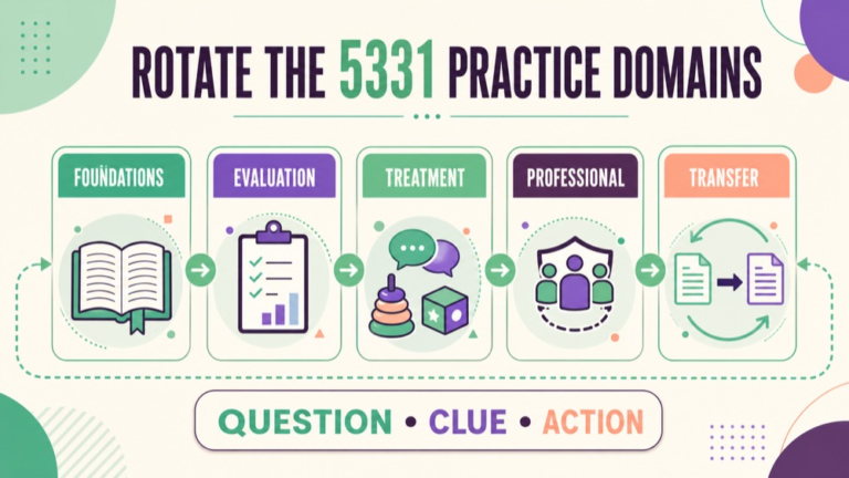 Praxis 5331 practice questions infographic showing foundations evaluation treatment professional access and transfer domain rotation