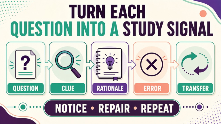 Praxis 5331 practice questions infographic showing how a question becomes a study signal through clue rationale and transfer review