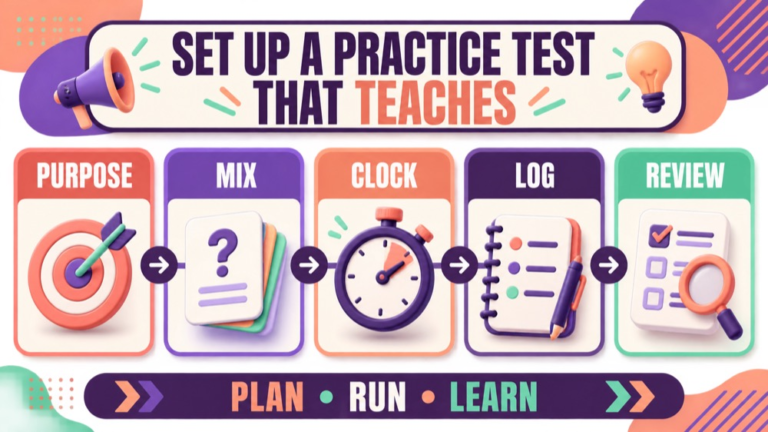 Praxis 5331 practice test infographic showing purpose question mix clock log and review setup