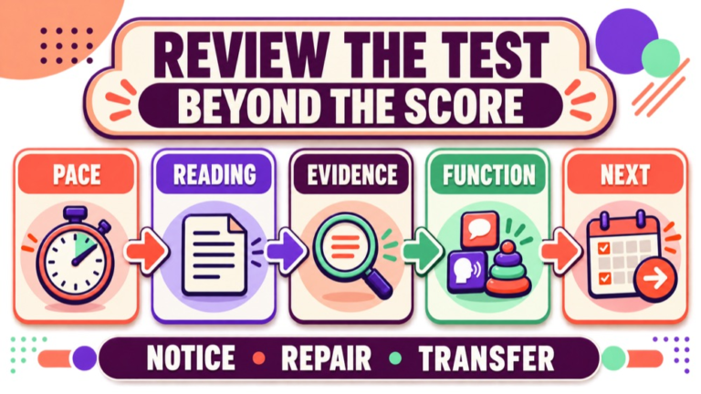 Praxis 5331 practice test infographic showing how to review pacing reading evidence access function and boundary beyond a score