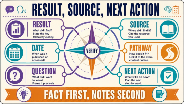 praxis exam results infographic showing result, source, next action