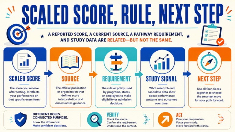 praxis scaled score explained infographic showing scaled score, rule, next step