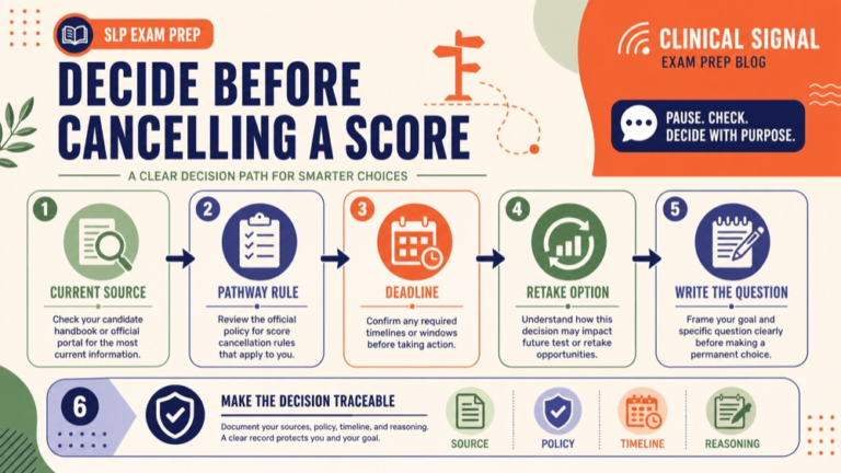 praxis score cancellation and retake infographic showing decide before cancelling a score