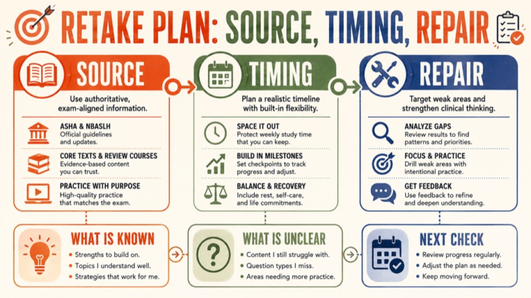 praxis score cancellation and retake infographic showing retake plan: source, timing, repair