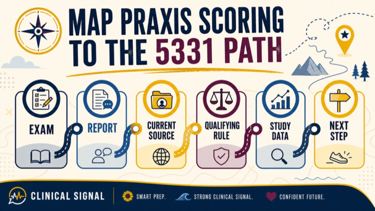 praxis scoring for speech language pathology infographic showing map praxis scoring to the 5331 path