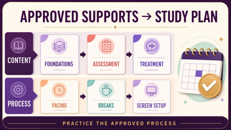 Planning workflow that connects Praxis SLP exam accommodations approval to registration and study pacing