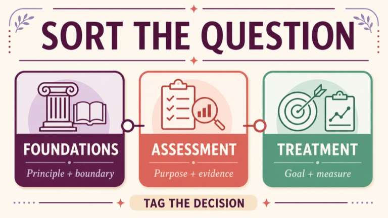 Praxis SLP questions sorted into foundations assessment and treatment decision lanes